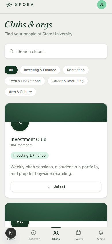 The clubs directory, showing categories and join buttons for campus clubs