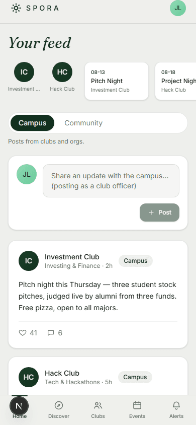 Spora's campus feed, showing club posts and quick access to joined clubs and events
